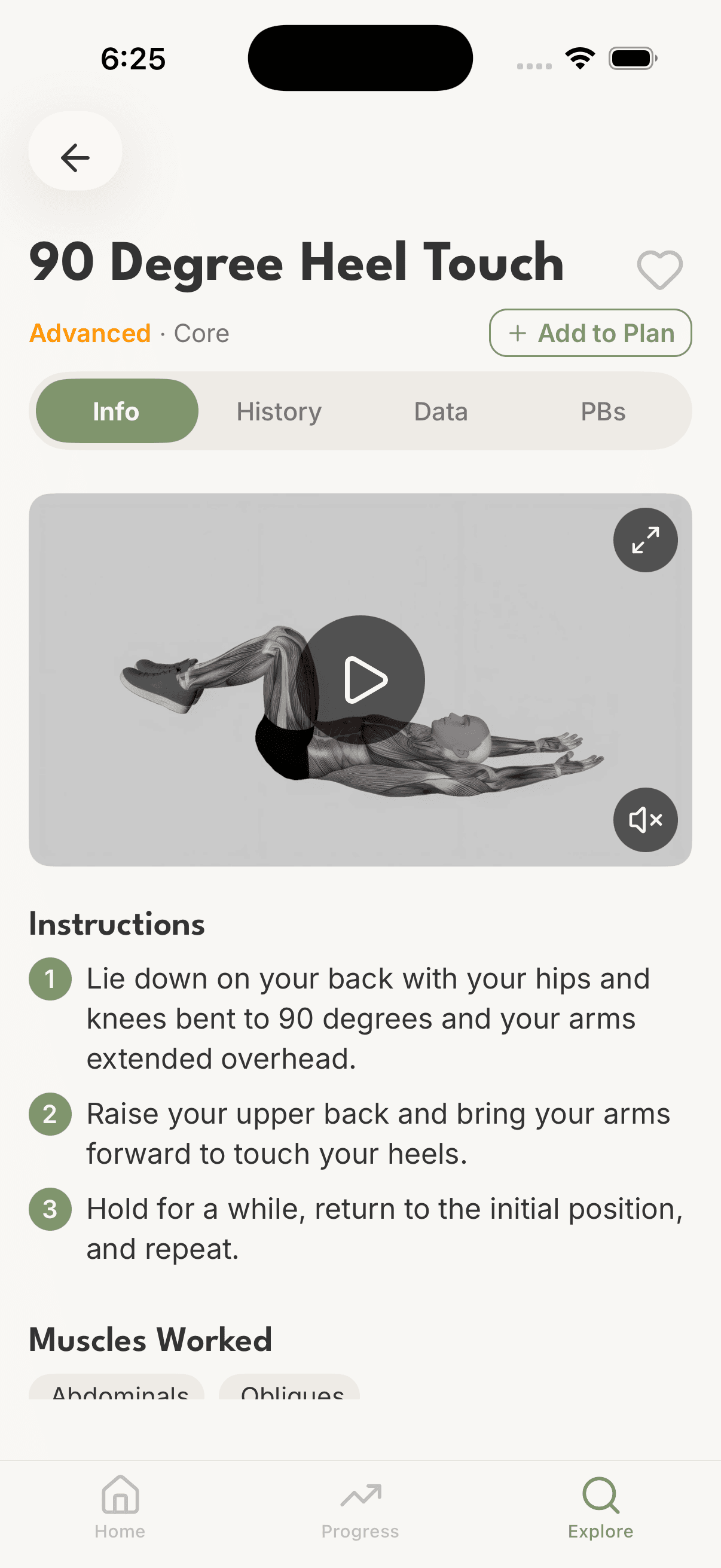 Exercise detail screen showing video demo, step-by-step instructions, and muscles worked