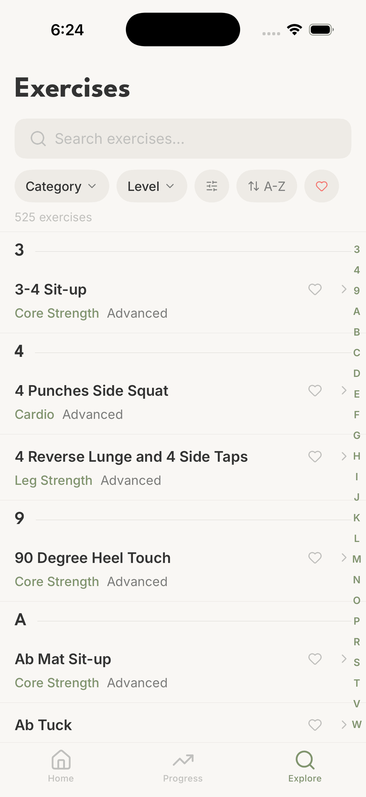 Exercise library with 525 exercises, search, and category filters